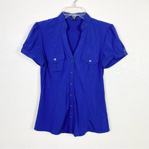 Express Elite Stretch Royal Blue Fitted Preppy Short Sleeve Button Up Shirt - Picture 2 of 5